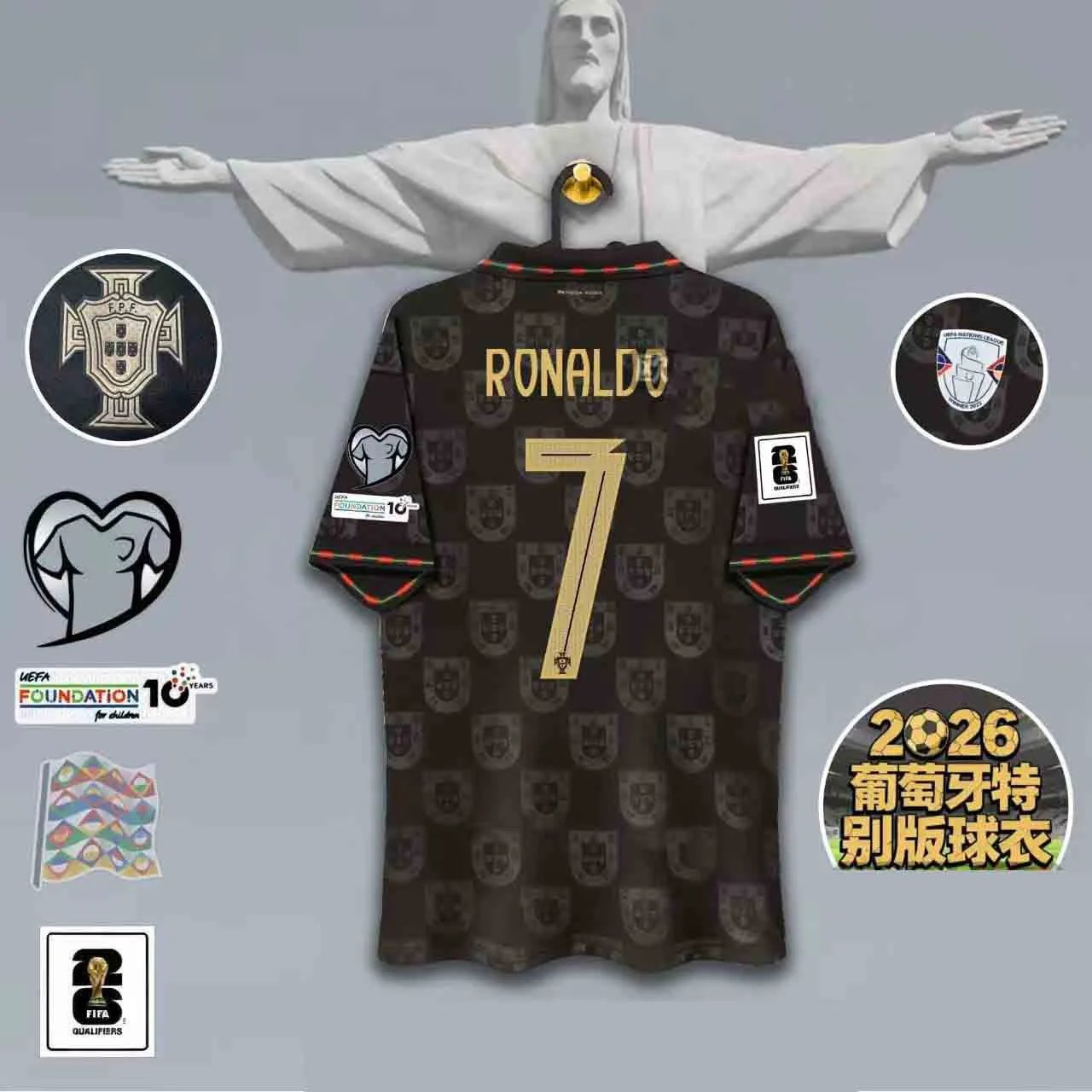 Portuguese Football Federation Jerseys Black Portugal crest-pattern commemorative jersey with gold player name and number — Panther Special Edition No.7-Biao M Horse symbol