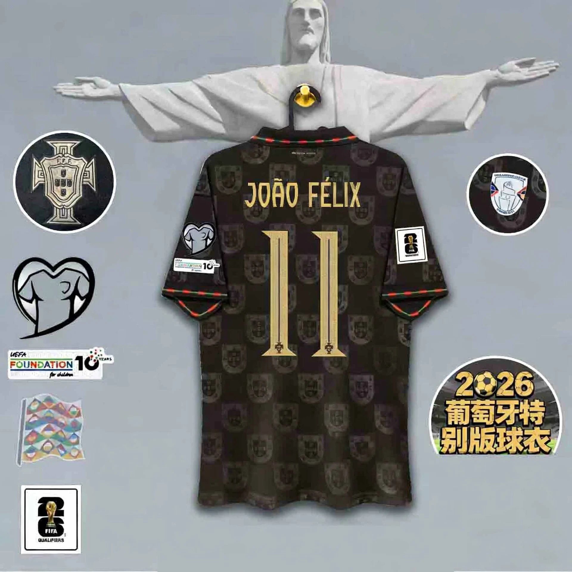 Portuguese Football Federation Jerseys Black Portugal crest-pattern commemorative jersey with gold player name and number image 3