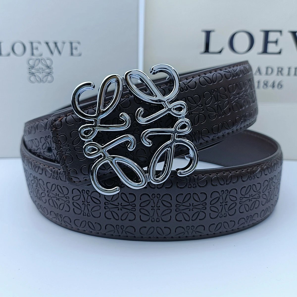 Loewe Belts Anagram Buckle Embossed Leather Belt — 3.8 edged and embossed brown + Ruiwei silver buckle