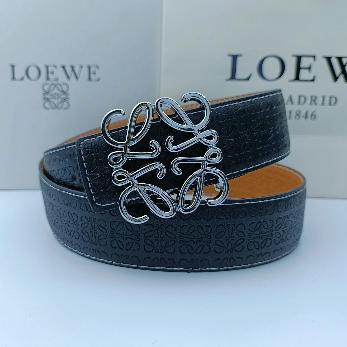 Loewe Belts Anagram Buckle Embossed Leather Belt — 3.8 edged and embossed black + Ruiwei silver buckle