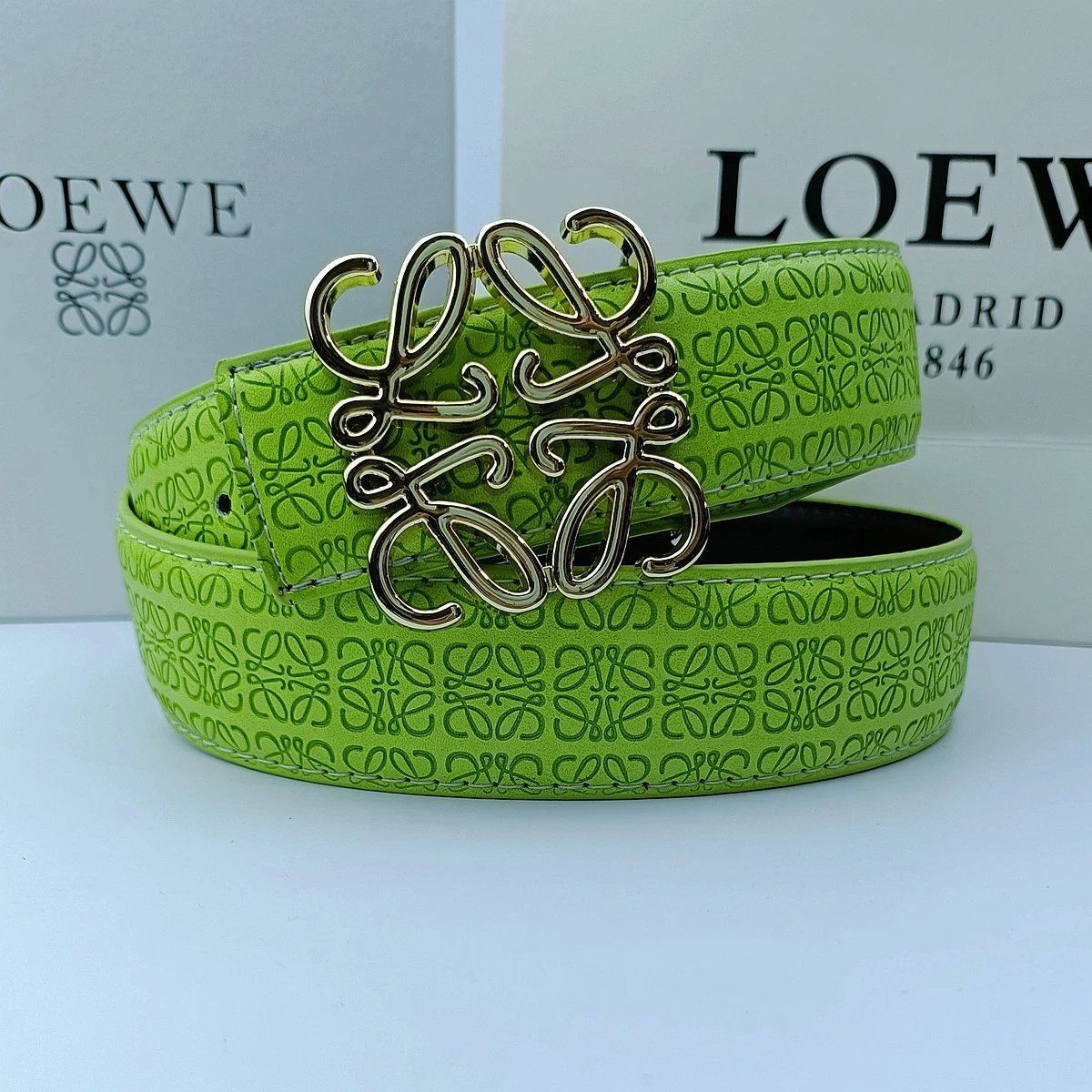 Loewe Belts Anagram Buckle Embossed Leather Belt — 3.8 edged and embossed green + Rovier gold buckle