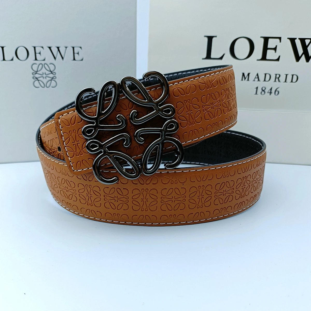 Loewe Belts Anagram Buckle Embossed Leather Belt — 3.8 edged and embossed in khaki + Rovier gun clip