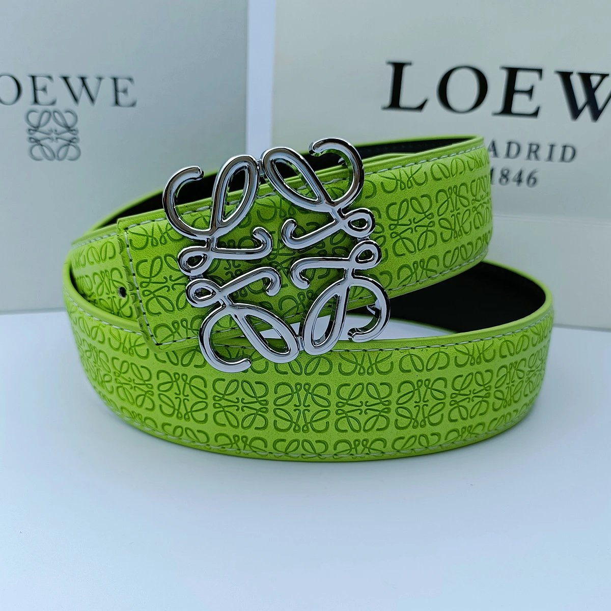 Loewe Belts Anagram Buckle Embossed Leather Belt — 3.8 edged and embossed green + Rove silver buckle