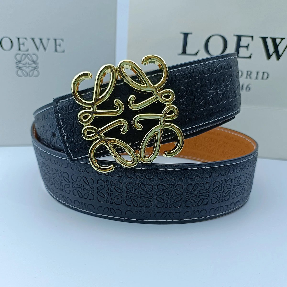 Loewe Belts Anagram Buckle Embossed Leather Belt — 3.8 edged and embossed black + Rovier gold buckle
