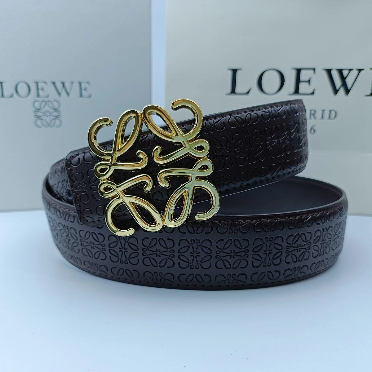 Loewe Belts Anagram Buckle Embossed Leather Belt — 3.8 edged and embossed brown + Rovier gold buckle
