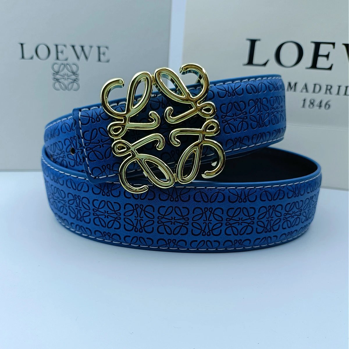 Loewe Belts Anagram Buckle Embossed Leather Belt — 3.8 edged and embossed blue + Rovier gold buckle