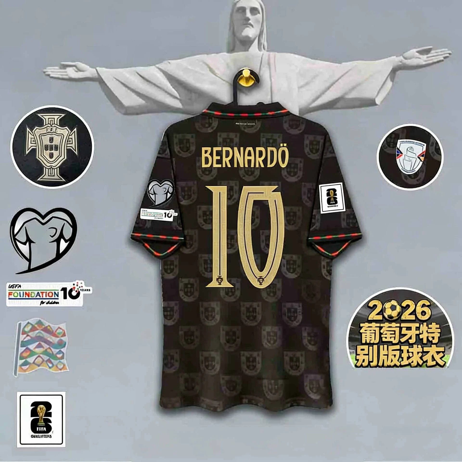 Portuguese Football Federation Jerseys Black Portugal crest-pattern commemorative jersey with gold player name and number — Panther Special Edition No. 10