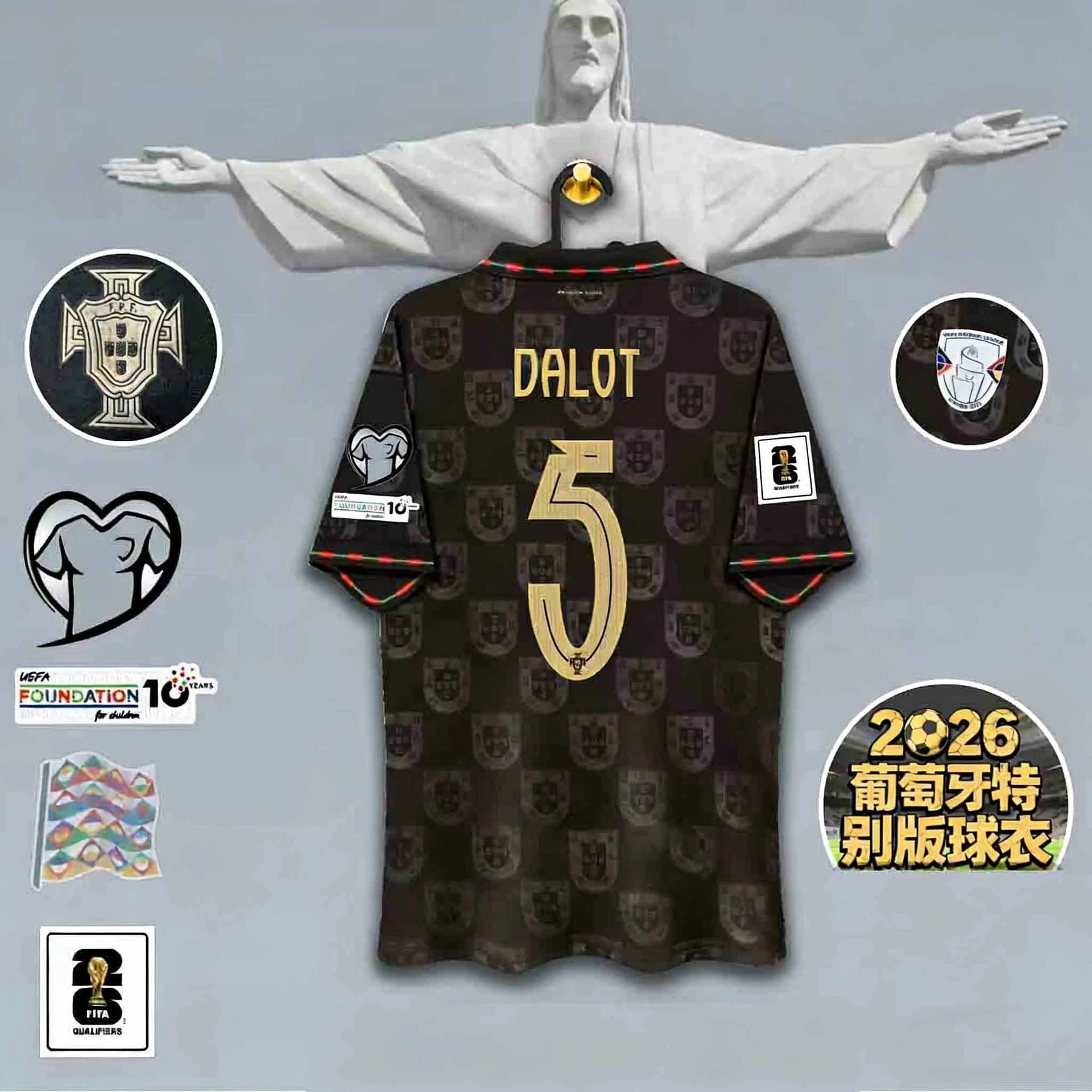 Portuguese Football Federation Jerseys Black Portugal crest-pattern commemorative jersey with gold player name and number — Panther Special Edition 5
