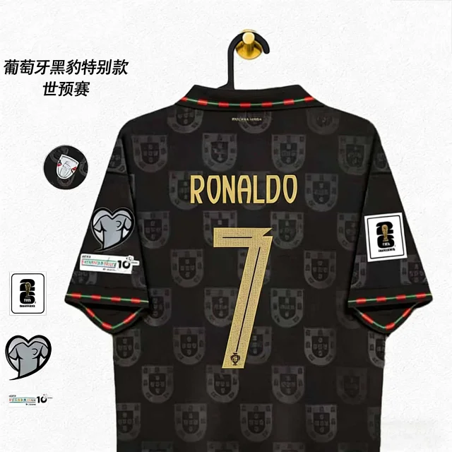 Portuguese Football Federation Jerseys Black Portugal crest-pattern commemorative jersey with gold player name and number product detail image 1