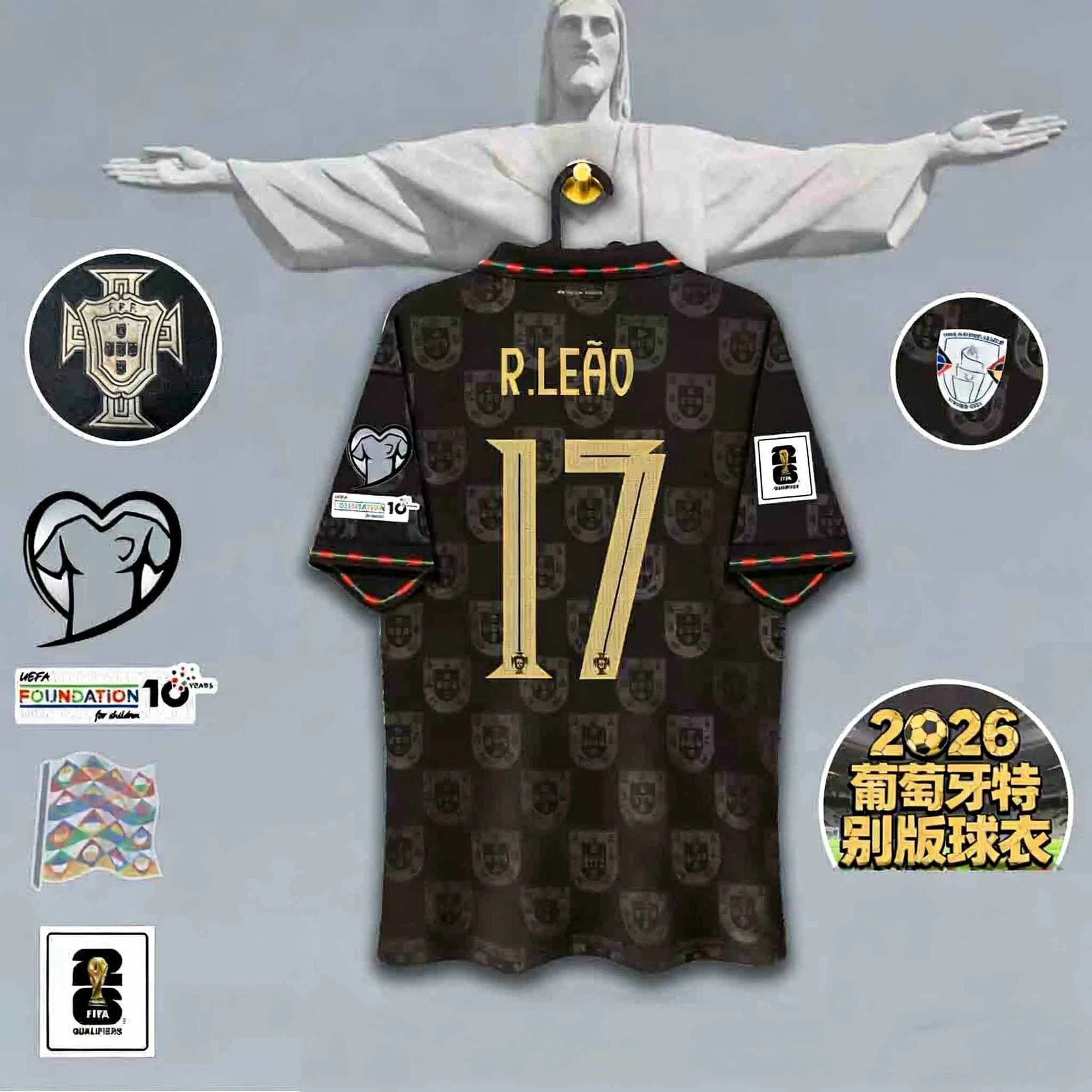 Portuguese Football Federation Jerseys Black Portugal crest-pattern commemorative jersey with gold player name and number — Black Panther Special Edition No. 17