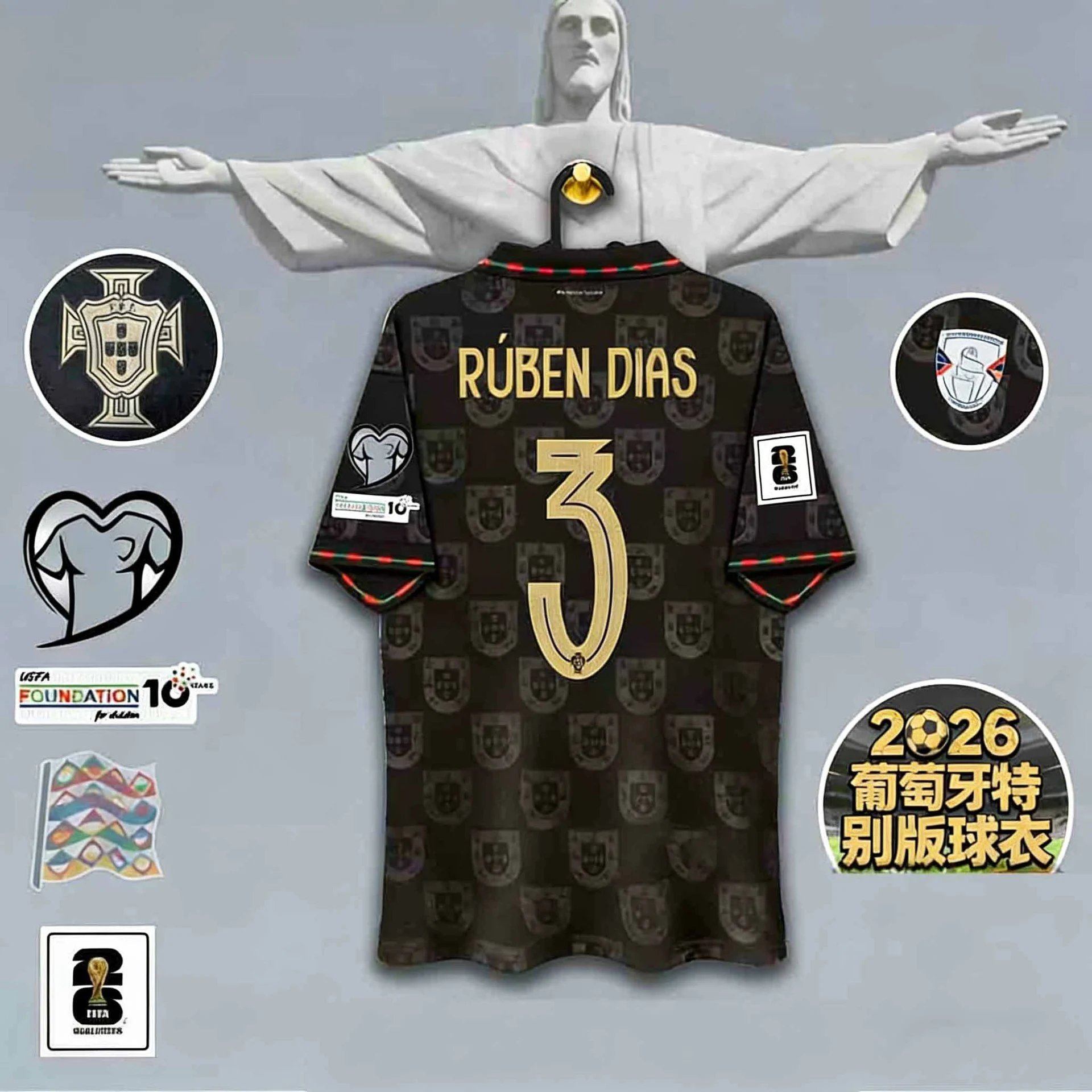 Portuguese Football Federation Jerseys Black Portugal crest-pattern commemorative jersey with gold player name and number — Black Panther Special Edition No. 3