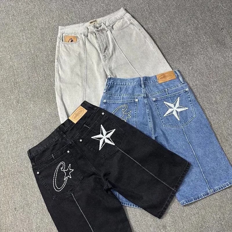 High-Quality jeans star embroidery jacket high street retro old shorts five pants tide