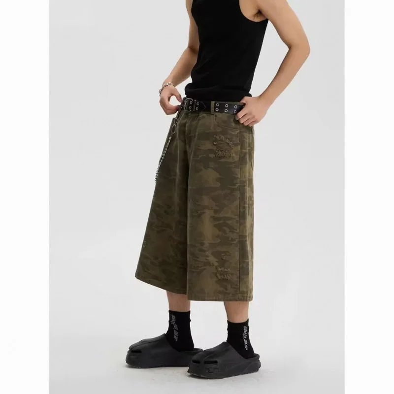 High-Quality Summer American Vintage Camo Leopard Cargo Cropped Pants Unisex Loose Casual Wide-Leg Straight Knee-Length Shorts