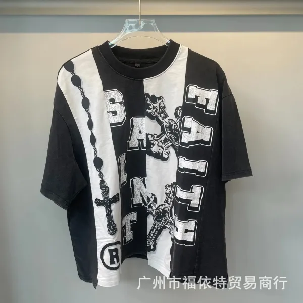 Design Saint Faith Graphic Split-Color T-Shirt Black and White - 1
