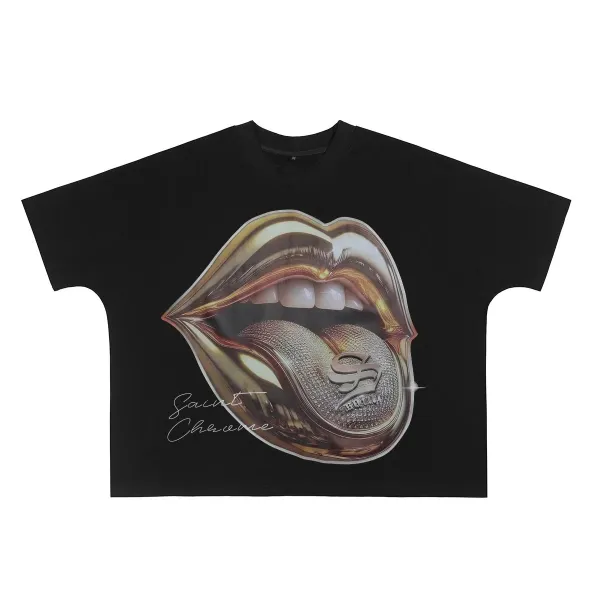 Design Saint Chrome Lips Graphic Black T-Shirt T-Shirts - 1