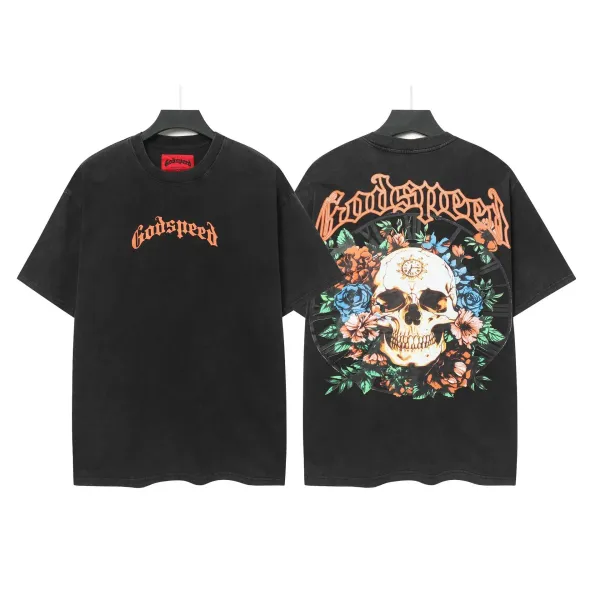 Godspeed Skull Floral Print Black T-Shirt - 1