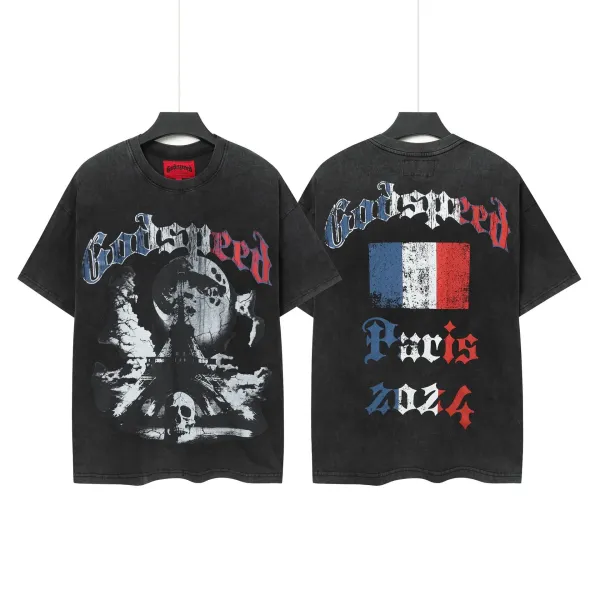 Godspeed Paris 2024 Distressed Graphic T-Shirt Black - 1