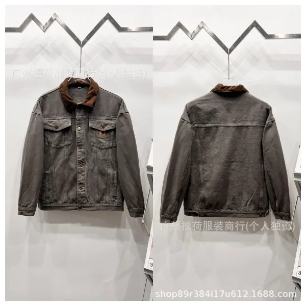 Design Corduroy Collar Denim Jacket Gray - 1