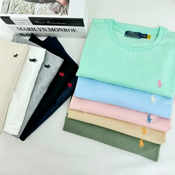 Foreign trade Paul T-shirt LF small horse logo embroidered women's round neck short sleeved pure cotton half sleeved men's hoodie versatile base shirt trendy