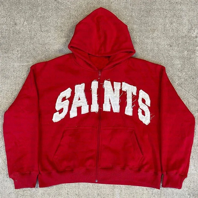 SAINTS Raw Edge Patch Zip Hooded Jacket