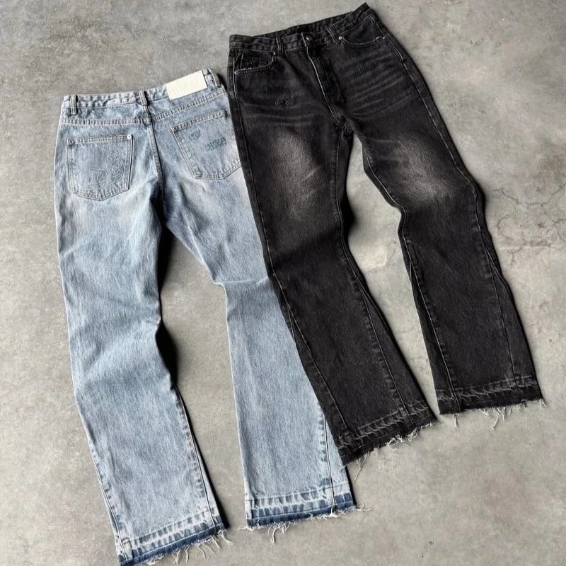 American Retro Washed Distressed Raw Hem Jeans Unisex Hip Hop Casual Streetwear Loose Slight Flare Pants