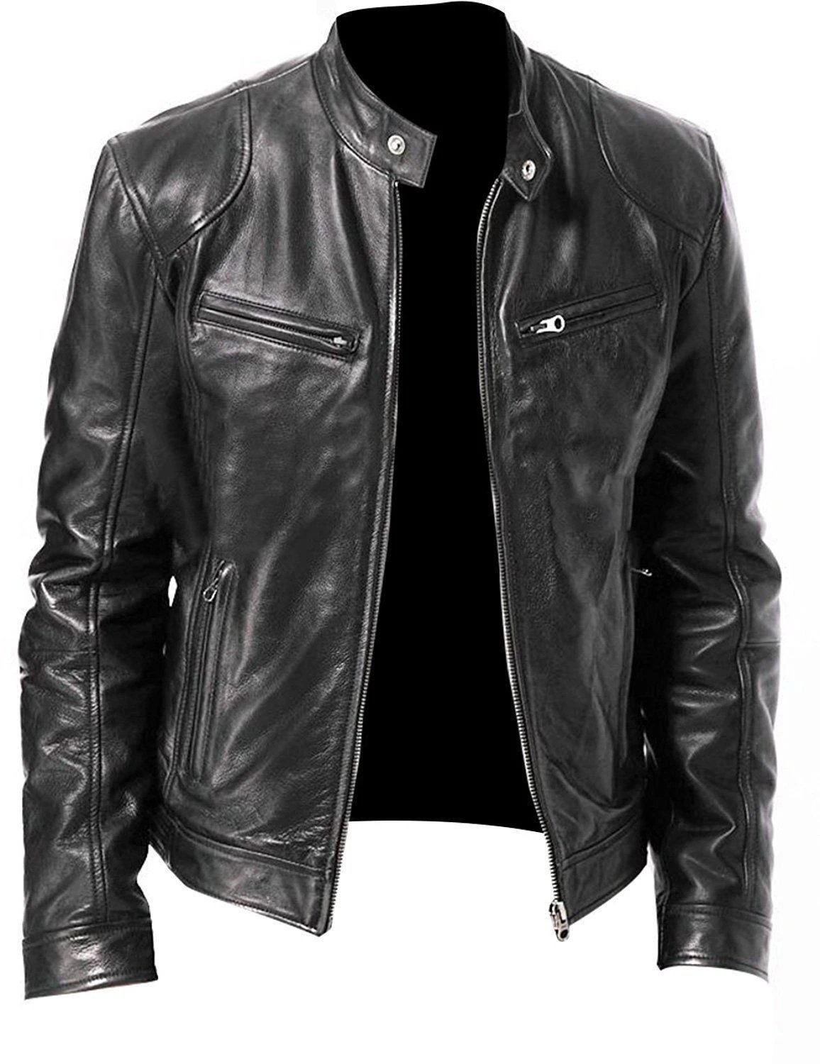 Other Biker Jacket Stand Collar PU Leather Slim Fit Black