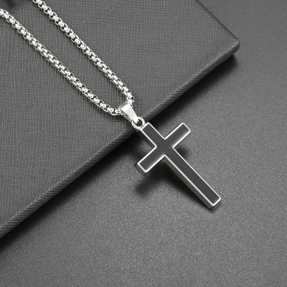 6 # Drip Oil Black Cross Necklace - Titanium Steel