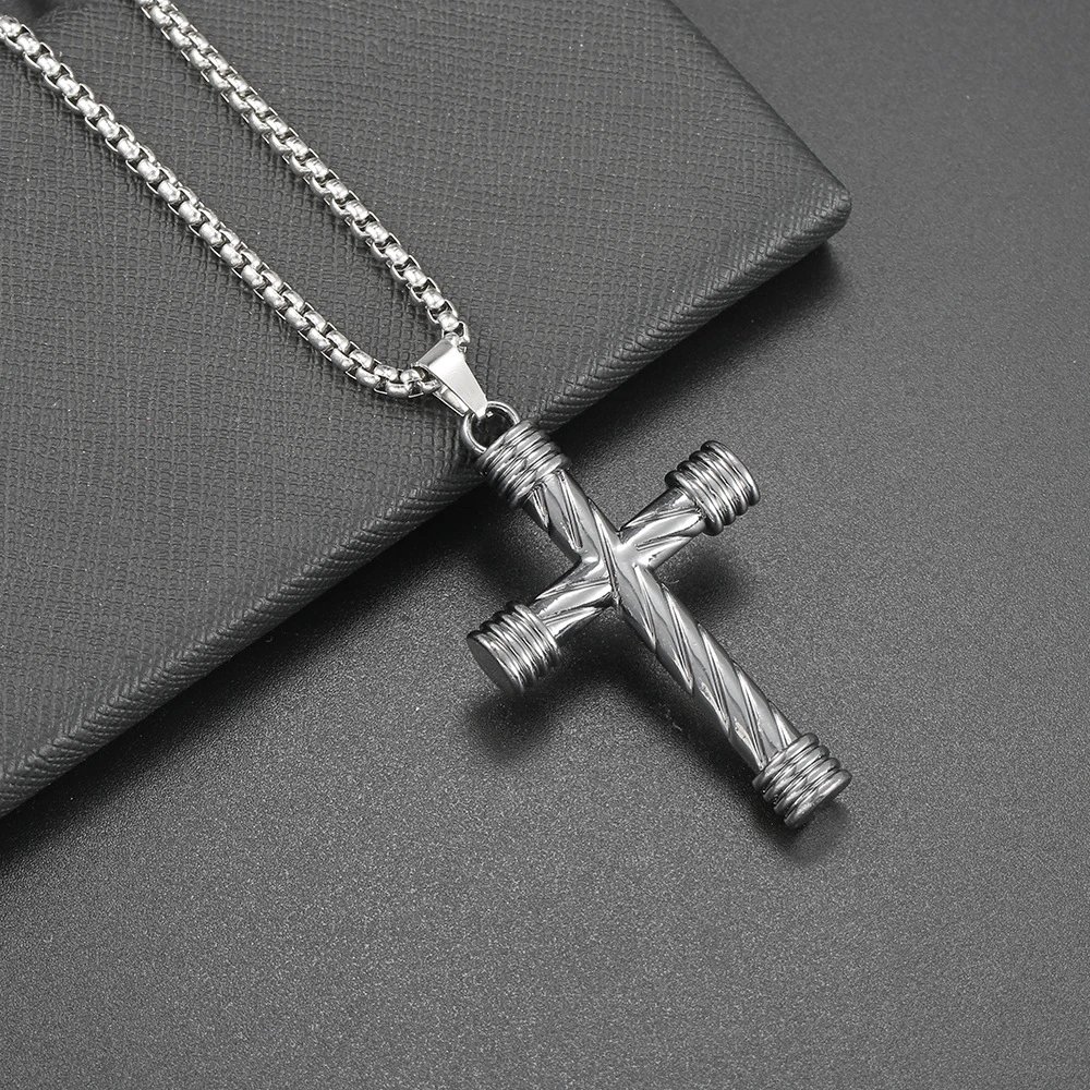 5 # Cylindrical Cross Necklace - Titanium Steel