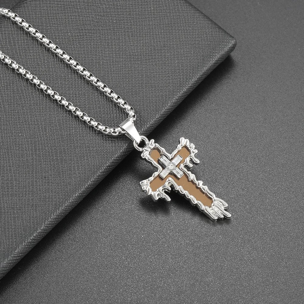 2 # Mirror studded diamond cross necklace - titanium steel