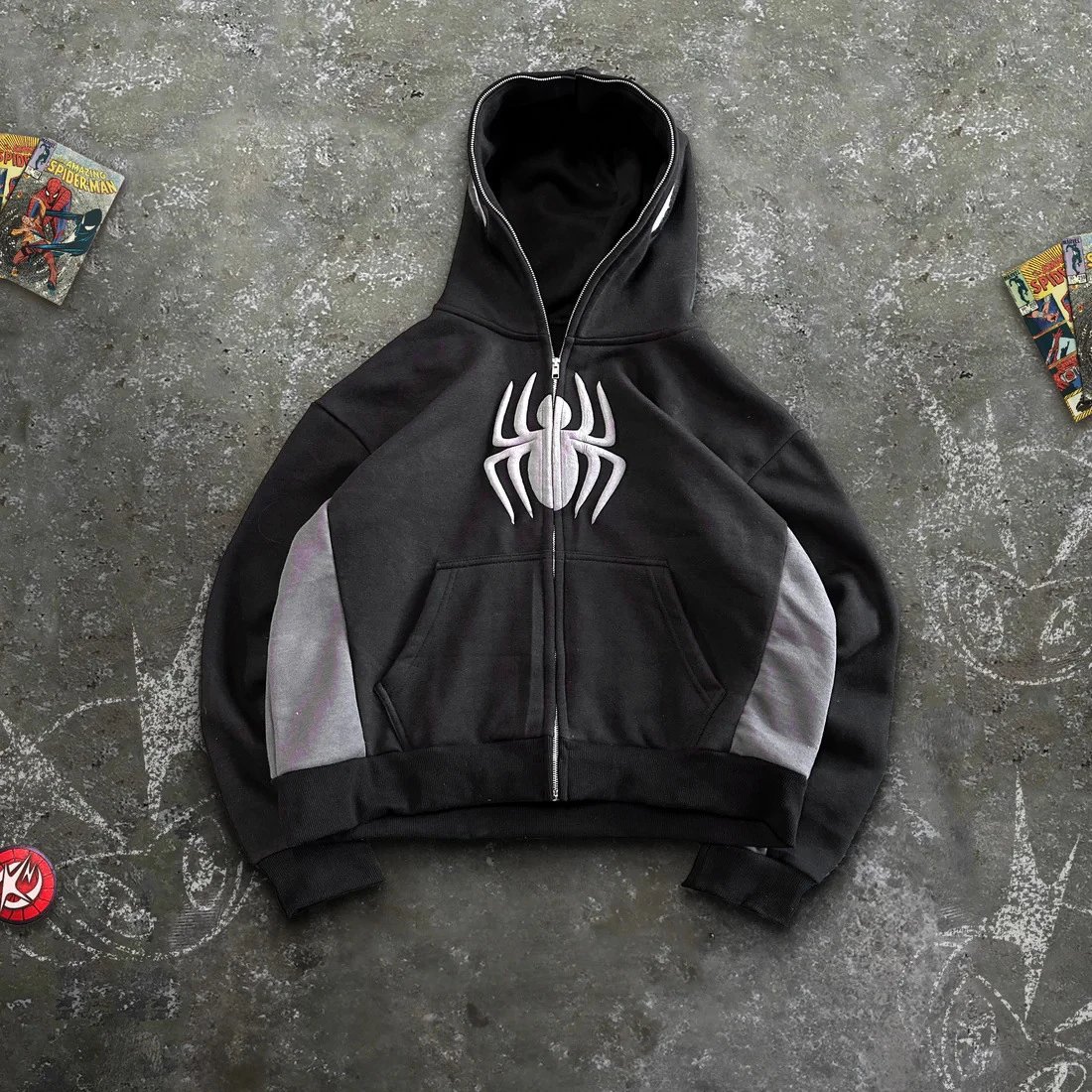 Spider! Logo Zip-Up Hoodie Black Gray