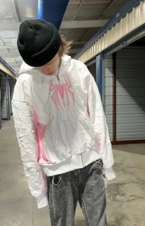 Spider! Pink Spider Logo Quilted Hoodie White - 7