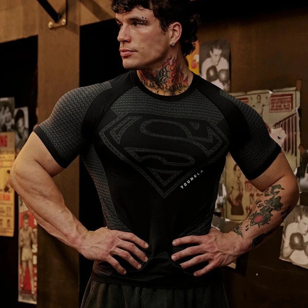 TopYOUNGLA New American Muscle Fitness Men's Short Sleeve Sports Quick-Dry Breathable Compression T-Shirt for Running & Casual