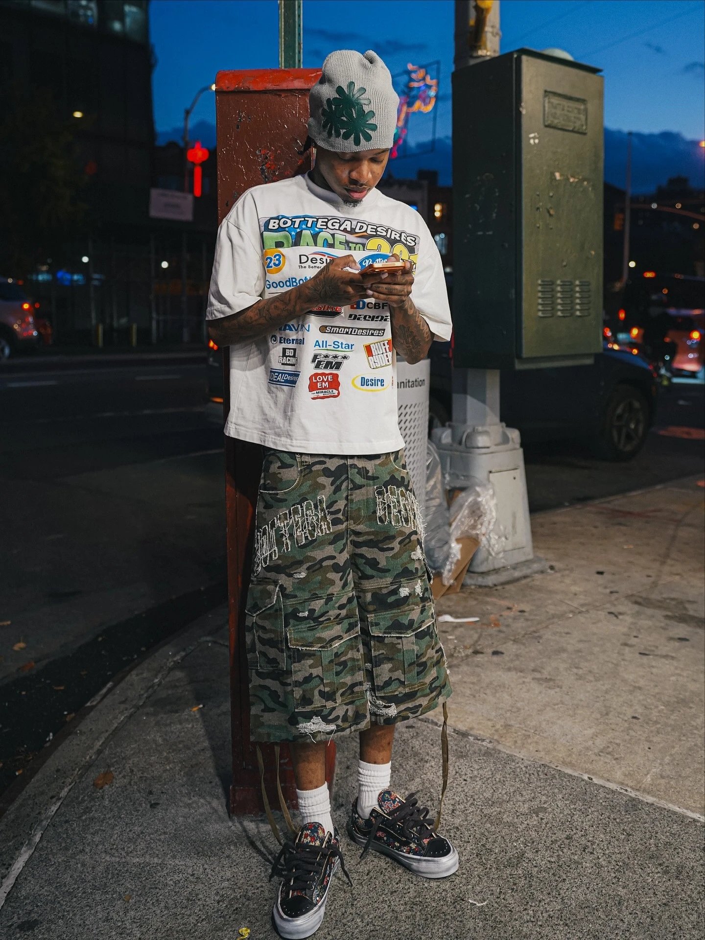 Bottega Desires Shorts Distressed Denim — Camouflage Three-Quarter Pants
