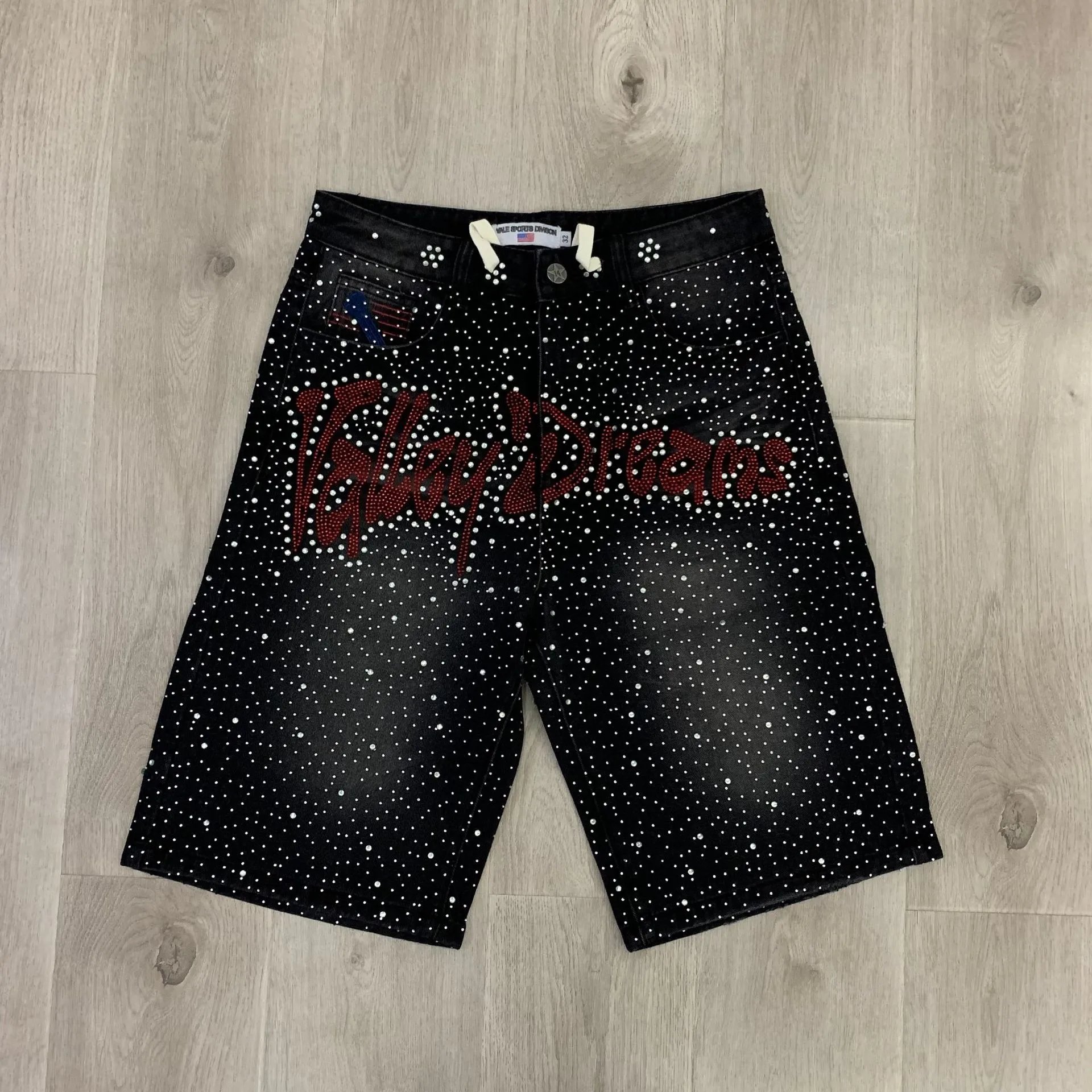 Letter Rhinestone Denim Shorts 0