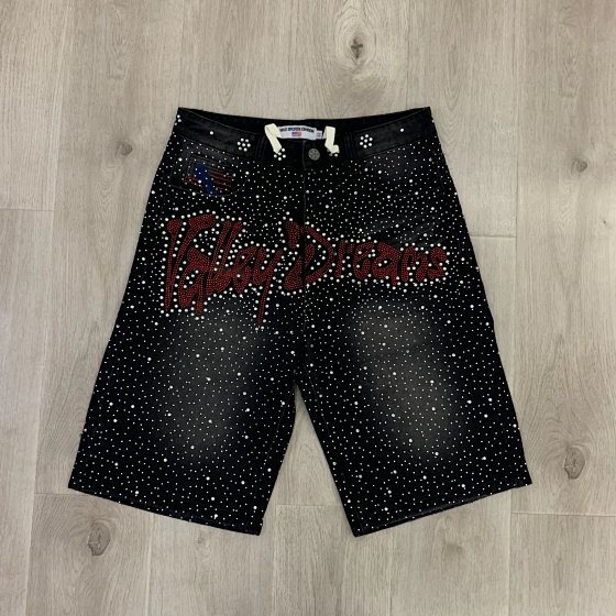 Letter Rhinestone Denim Shorts 0