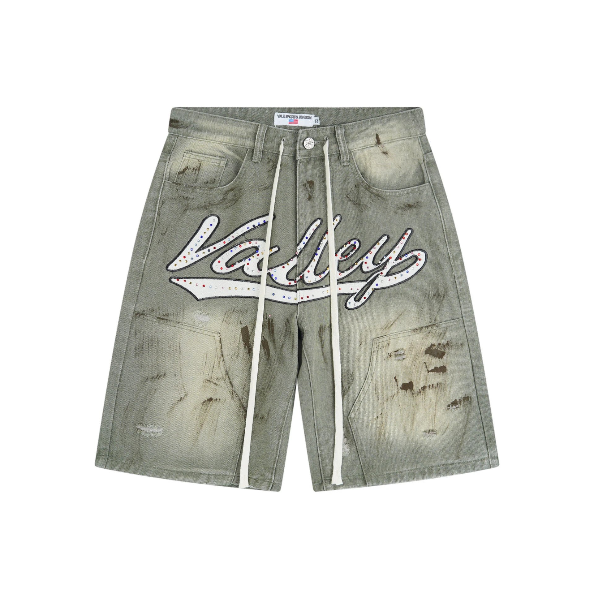 Vale Sports Division Rhinestone Denim Shorts Washed Olive