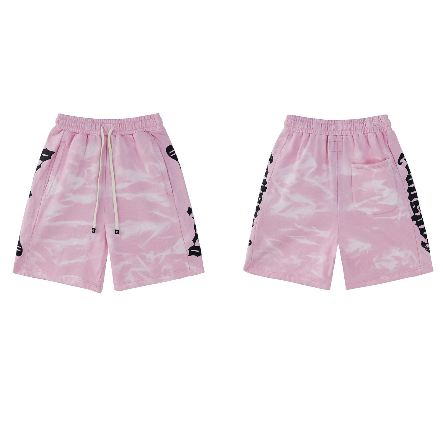 Pink & White Tie-Dye Gothic-Style Side-Lettering Mid-Length Sweatshorts - rep szorty