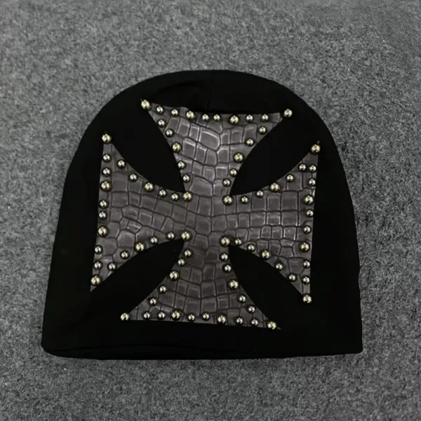 Design Iron Cross Studded Beanie Black Hats - 1