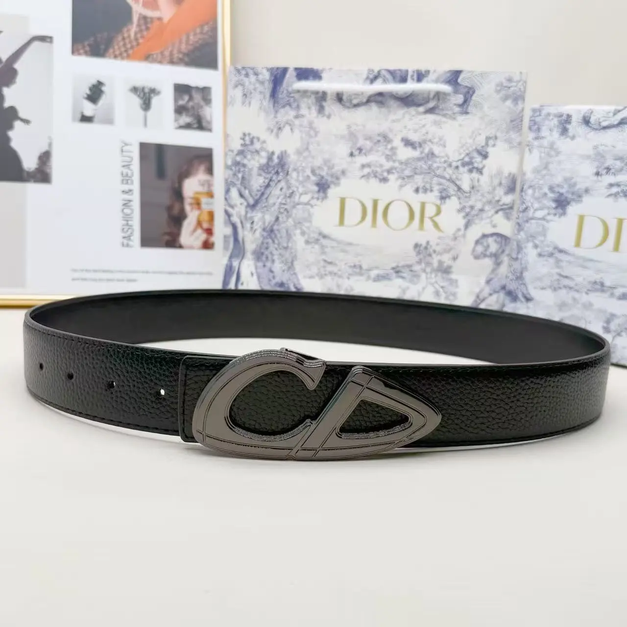 Dior CD Cutout Gunmetal Buckle Belt