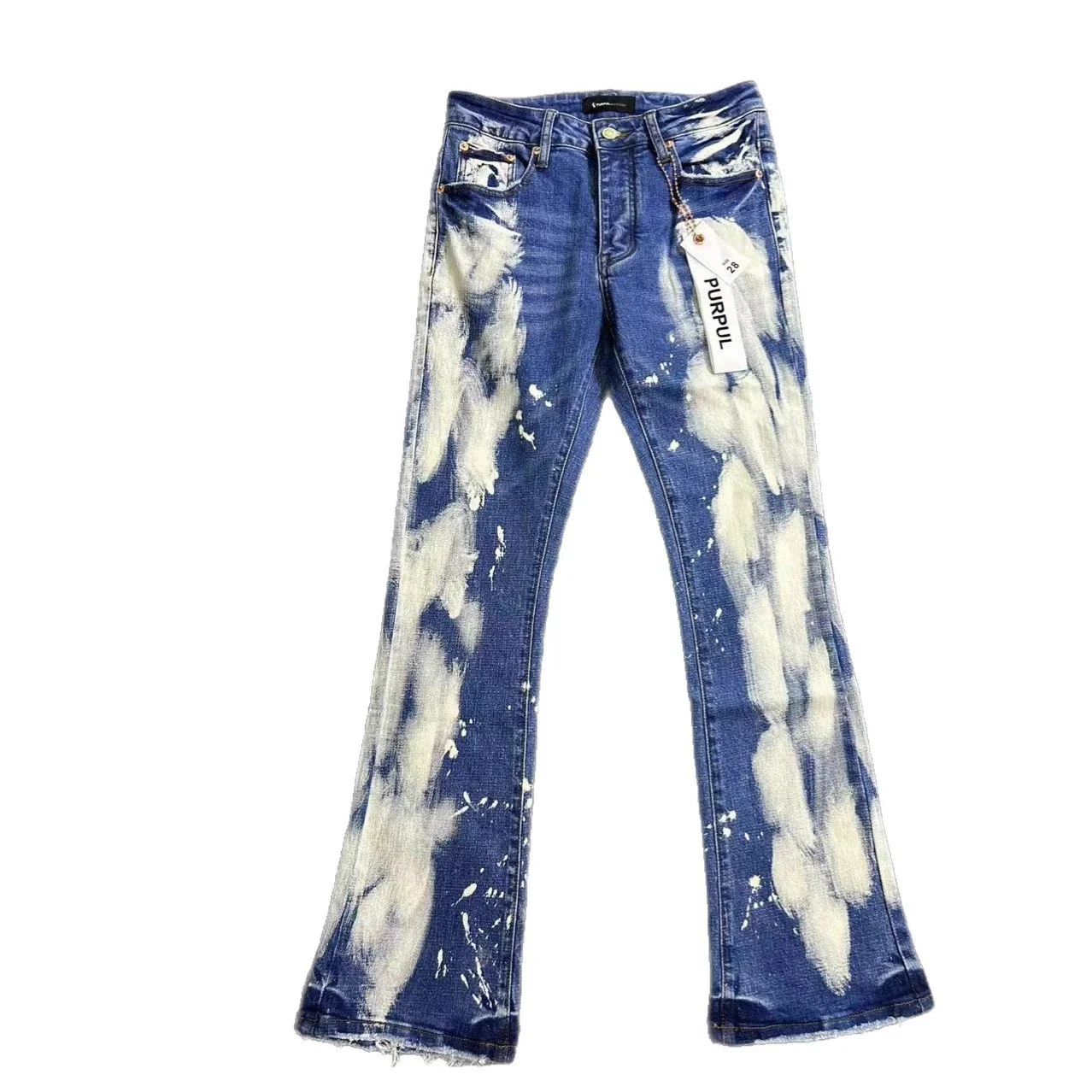 High-Street Style Denim Blue Flared Jeans — Cross-Border Exclusive: "Blue Sky & White Clouds" Motif (P-Brand New Arrival) — Stretchy PU Splatter-Paint Design — Men's Assorted Styles (Temu)
