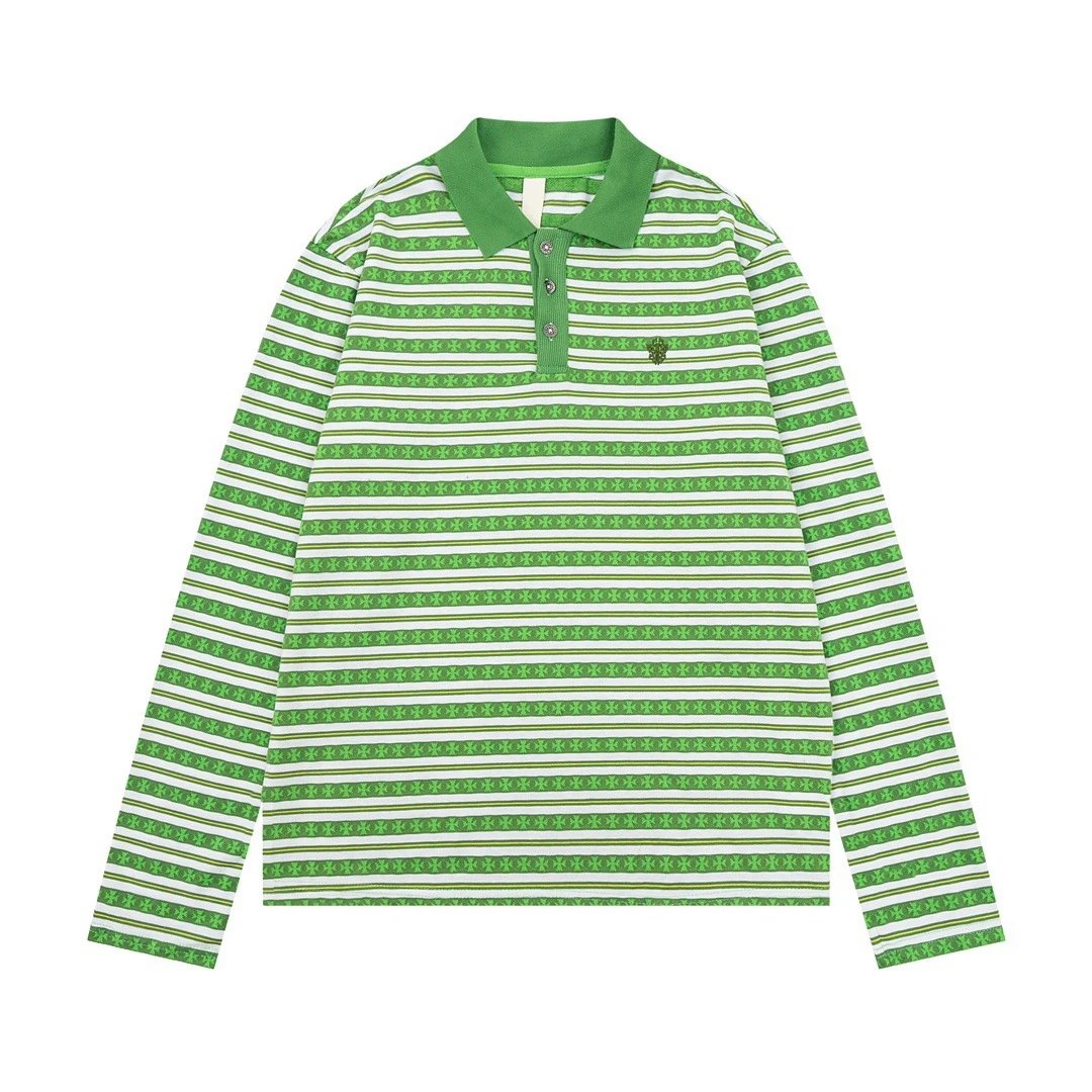 Green and White Striped Long Sleeve Polo Shirt
