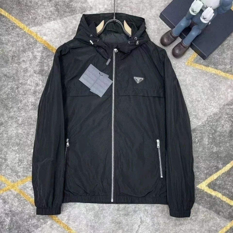 Prada Triangle Logo Nylon Hooded Windbreaker Jacket Black