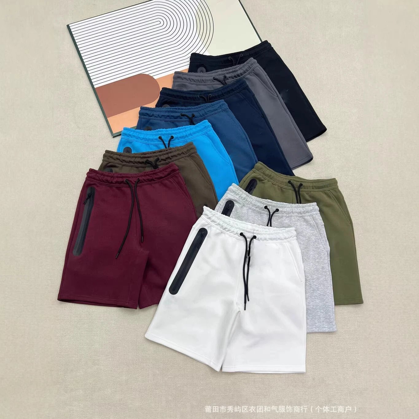 Summer new casual sports breathable cotton drawstring front side zipper multi-color men's (dk)
