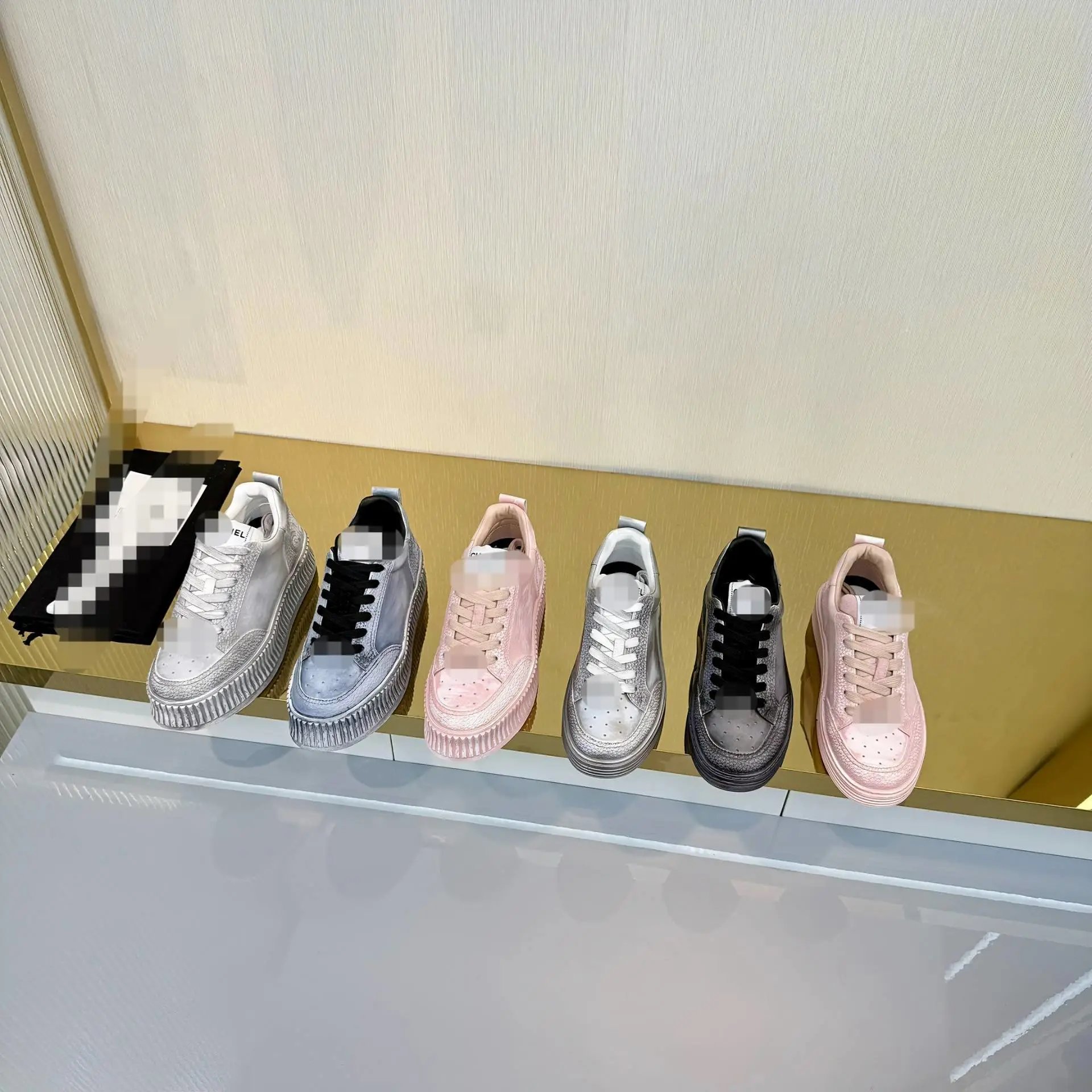 Chanel Ridged Platform Sneakers Low-Top Lace-Up Leather in Silver, Gray & Pink