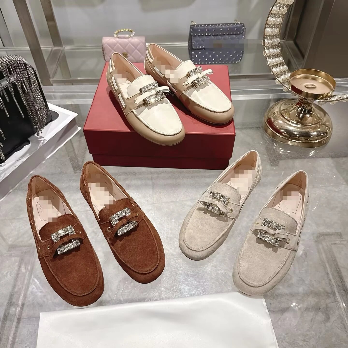 Roger Vivier Crystal Buckle Loafers Women's Beige Suede Moccasin Flats