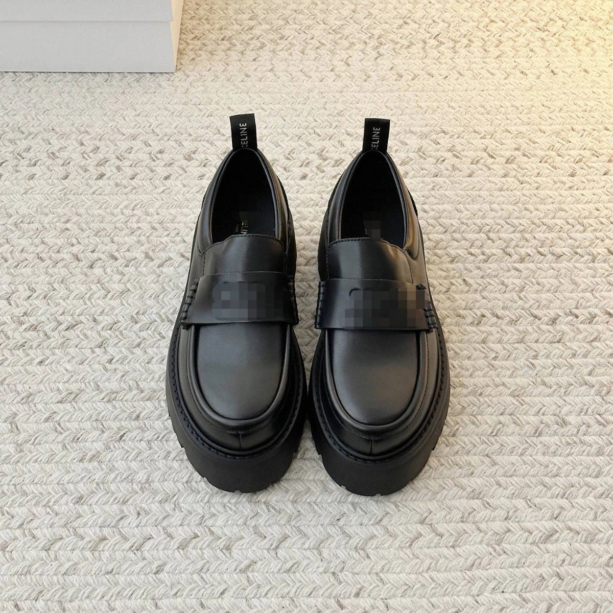 Celine Women's Black Leather Chunky Platform Loafers with Logo Heel Tab
