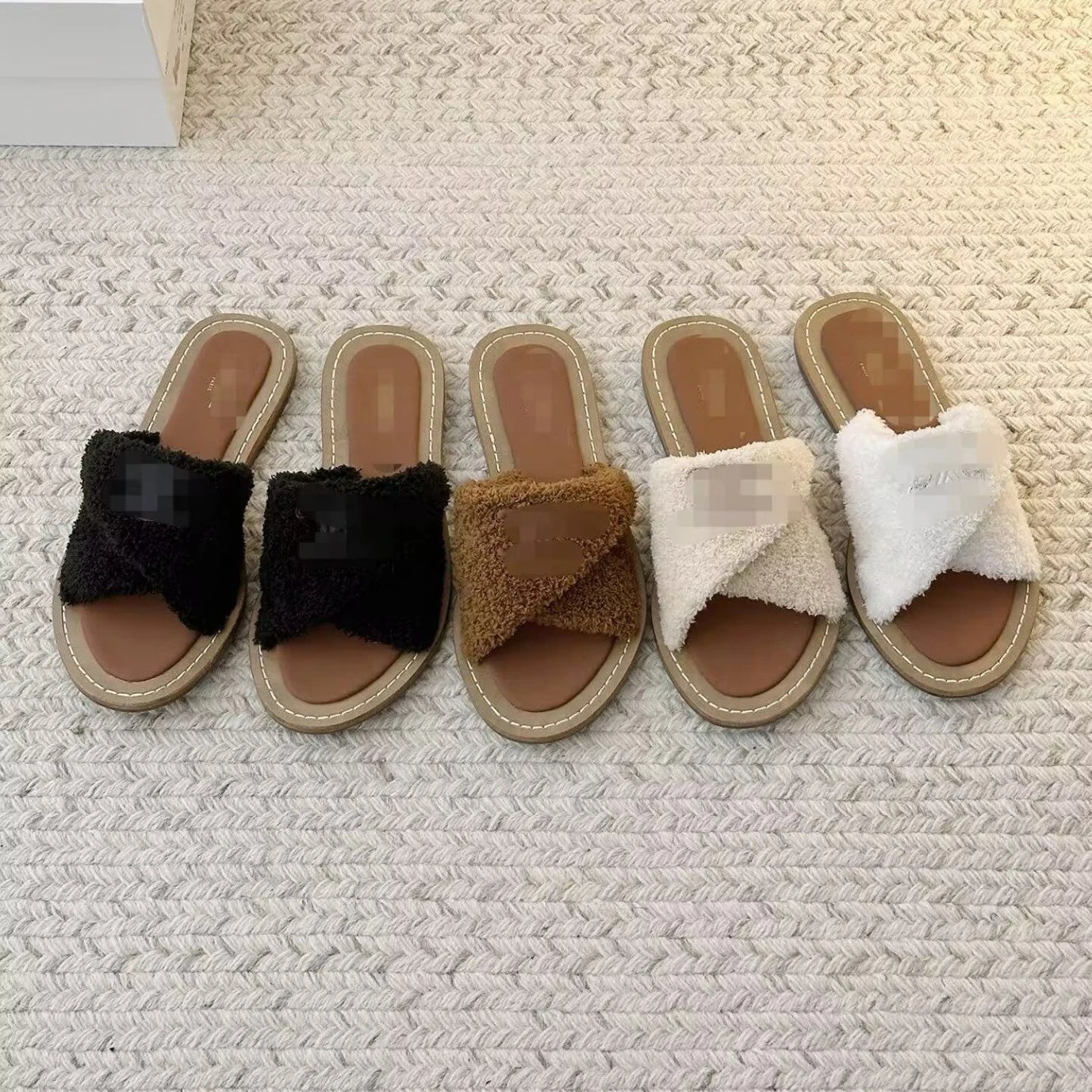 Women's Fluffy Cross-Strap Slide Slippers Soft Plush Flat Sandals Multi-Color