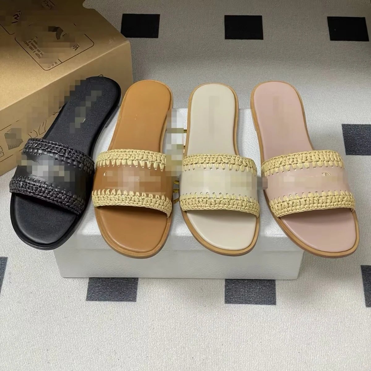 Dior Dway Women's Leather Slide Sandals with Woven Raffia Trim