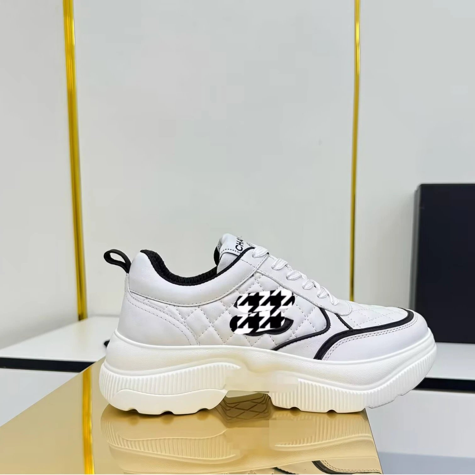 Chanel Quilted Leather Sneakers White Black Houndstooth Logo Chunky Platform Sole
