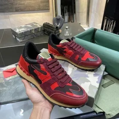 Valentino Rockrunner Sneakers Red Camouflage Suede and Leather Low-Top Trainers
